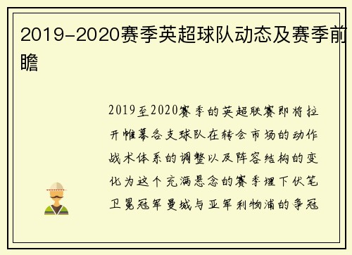 2019-2020赛季英超球队动态及赛季前瞻