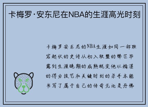 卡梅罗·安东尼在NBA的生涯高光时刻